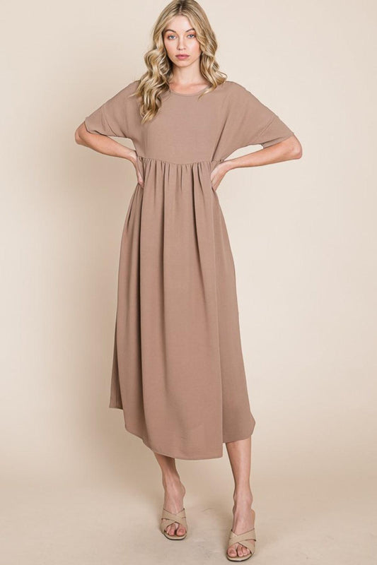BOMBOM Round Neck Ruched Midi Dress Mocha