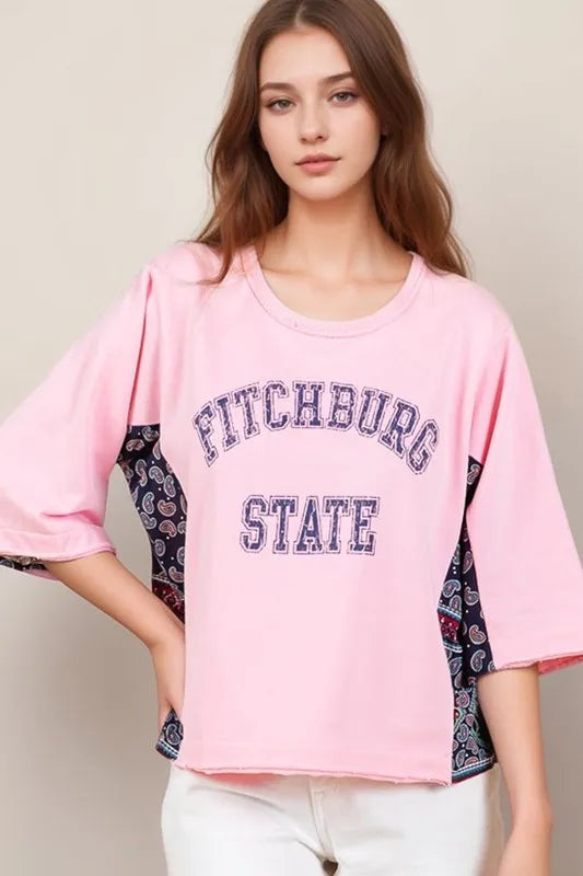 Lime 'N' Chili Fitchburg State Graphic Contrast Half Sleeve Top