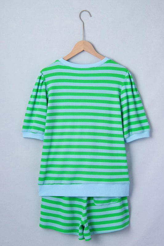 Stripe Puff Sleeve T-Shirt & Drawstring Shorts Set