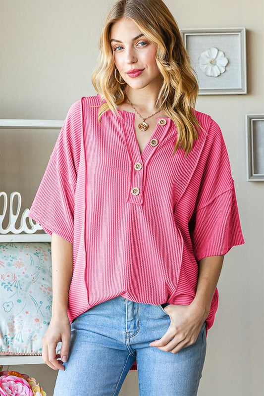 Heimish Full Size Ribbed Half Button Drop Shoulder Top HOT PINK