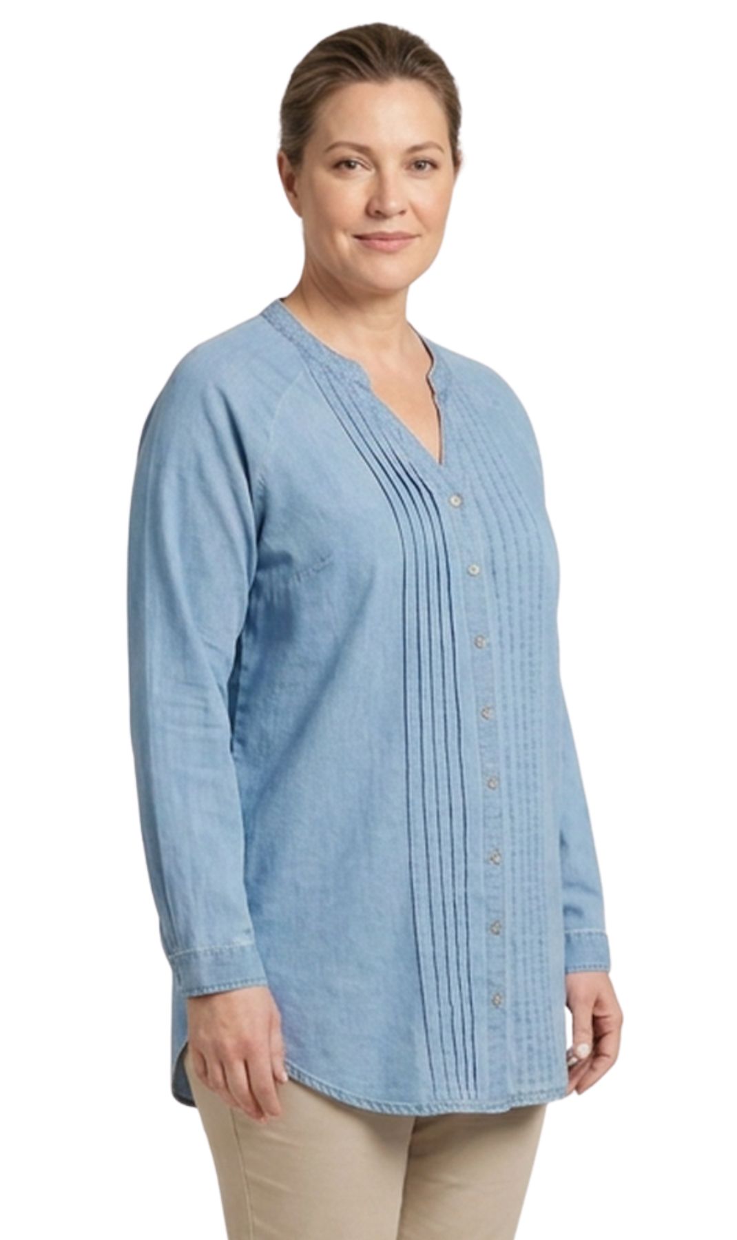 Women's Denim Pintuck Button-Front Tunic Top