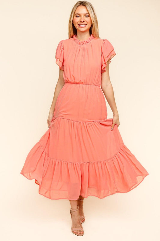 Haptics Full Size Tiered Frill Mock Neck Short Sleeve Dress Peach