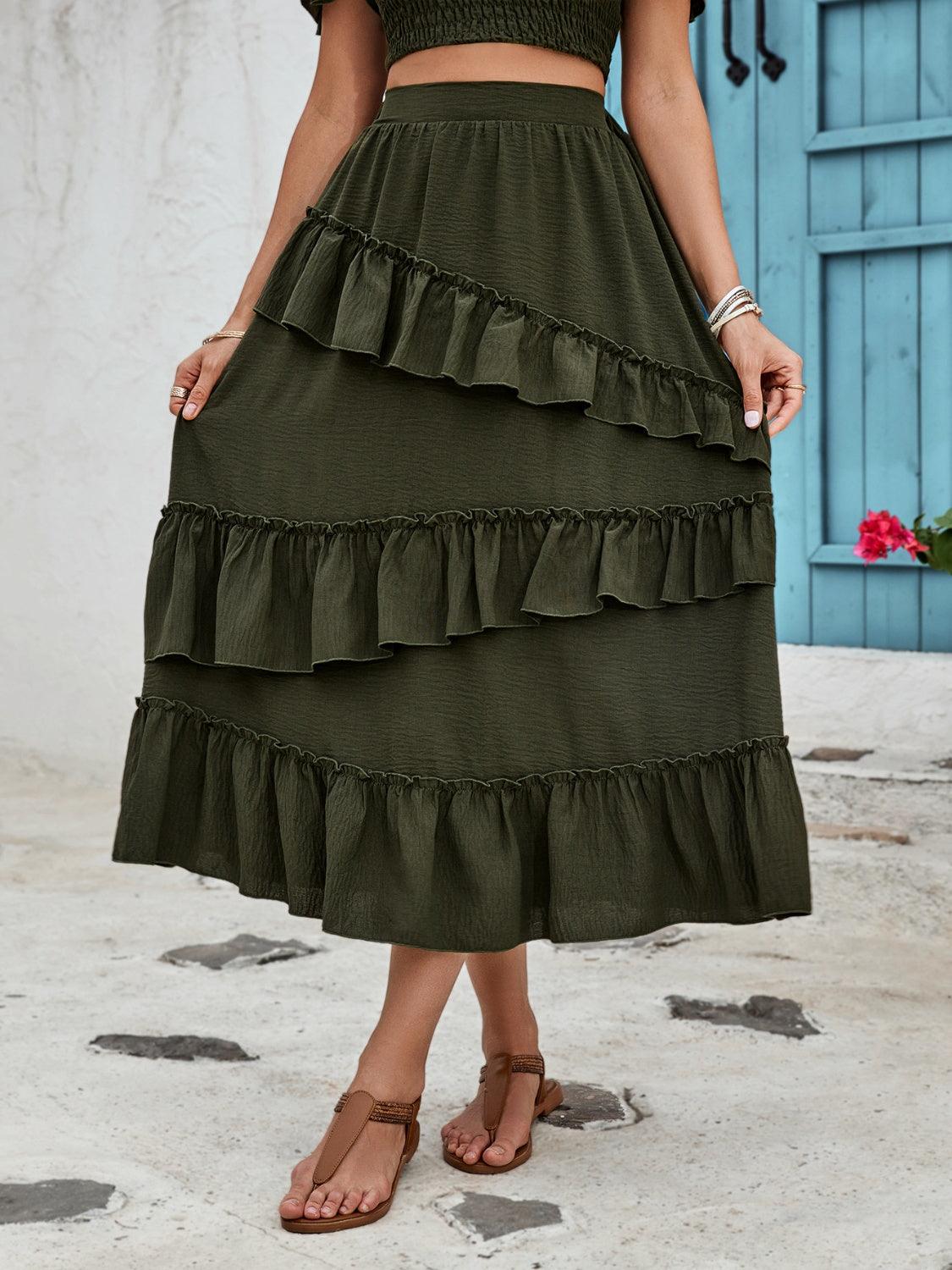 Ruffled Elastic Waist Midi Skirt Black Forest