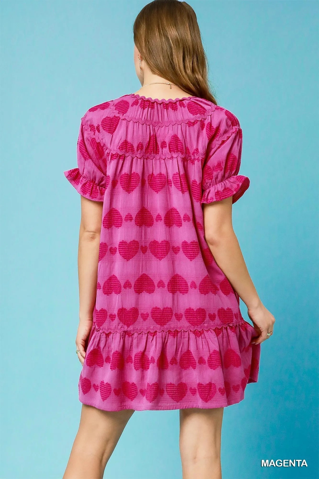 Umgee Heart Pattern Short Sleeve Ruffle Babydoll Dress