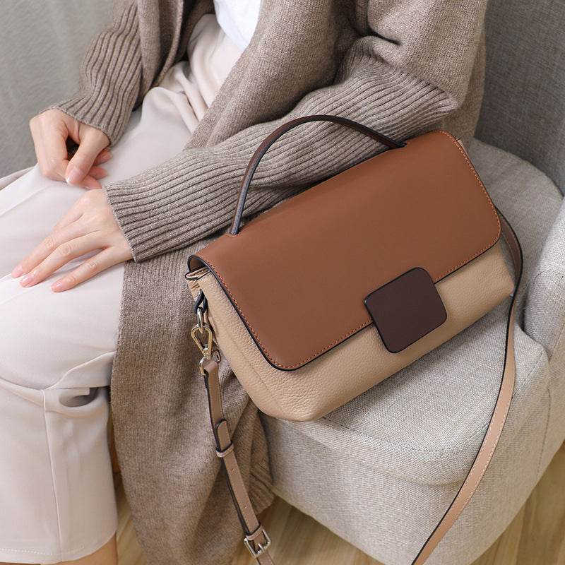 Leather Messenger Women's All-match Shoulder Fashion Handbag - Small Square Color Contrast Bag