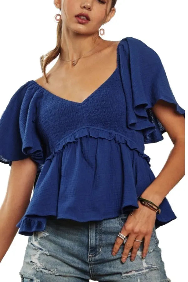 ADORA Flare Sleeves Peplum Blouse Top ROYAL BLUE