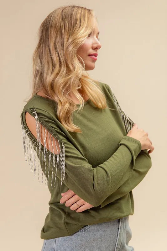 BiBi French Terry Cold Shoulder Ringstone Fringe Top