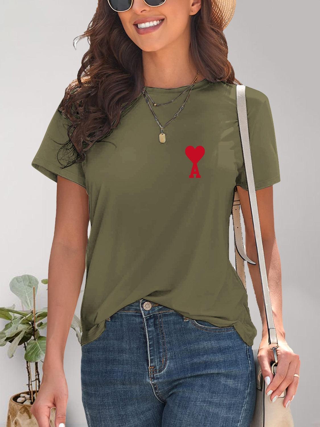 Heart Round Neck Short Sleeve T-Shirt Moss