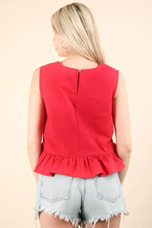 VERY J Side Tie Detail Ruffled Sleeveless Top