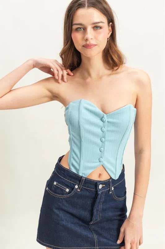 HYFVE Buttoned Front Strapless Knit Bustier Top AQUA