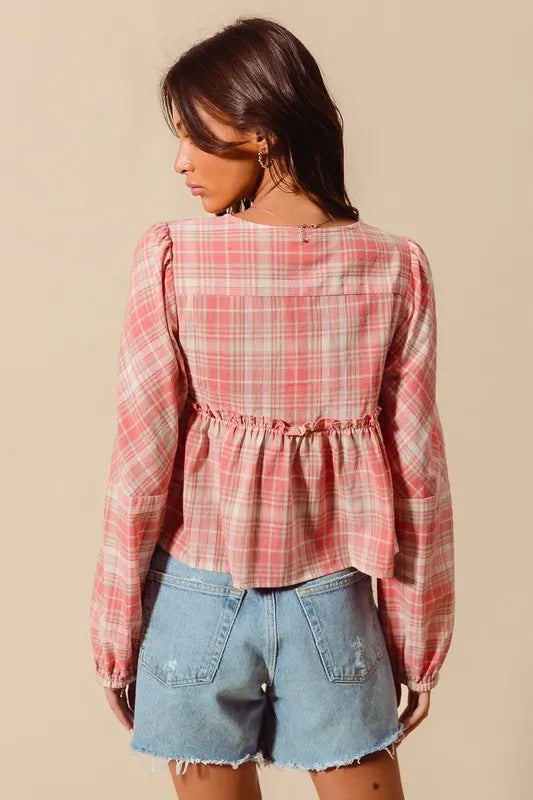 SO ME Front Tie Checkered Plaid Blouse