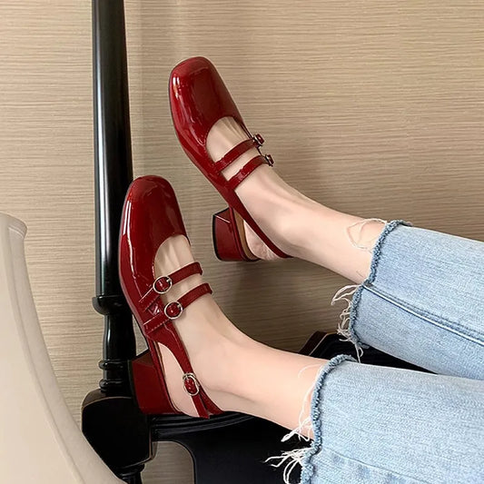 Square Toe Block Heel Mary Jane Shoes Deep Red