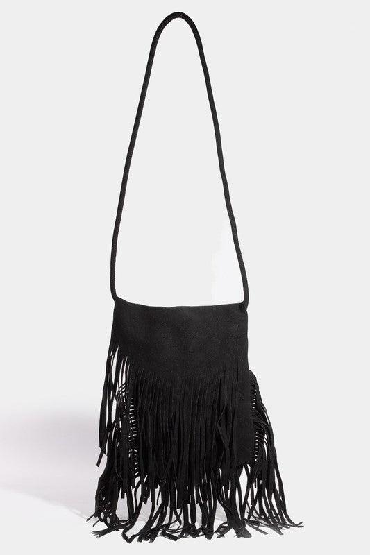 Fame Faux Suede Fringe Rectangle Crossbody Bag Black One Size