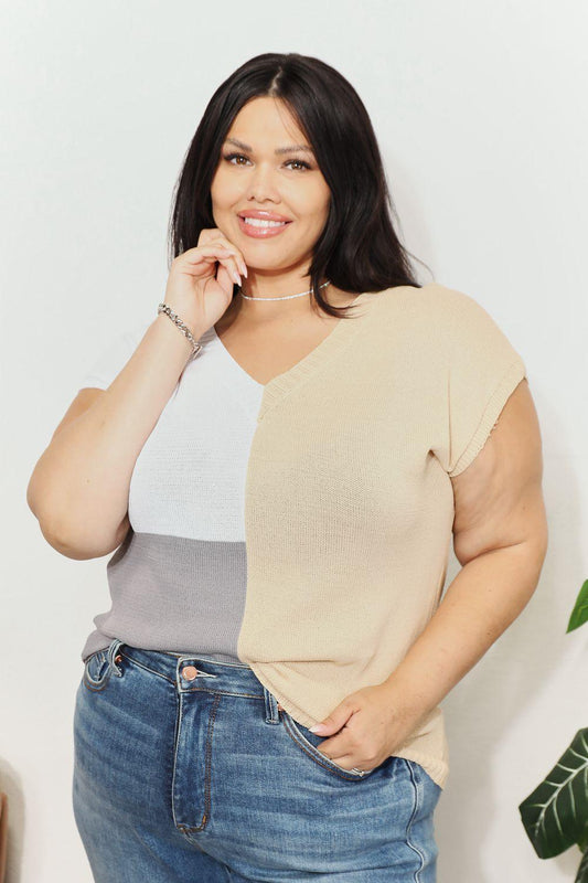 Color Block V-Neck Knit Top Khaki