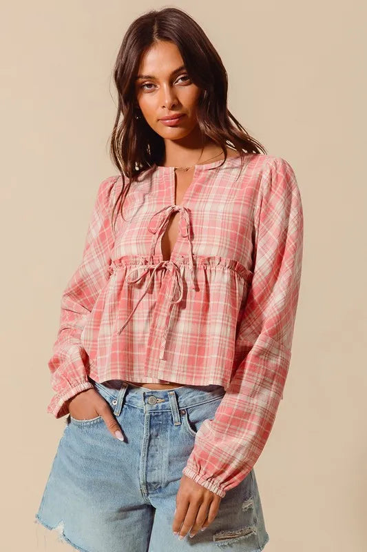 SO ME Front Tie Checkered Plaid Blouse PINK COMBO