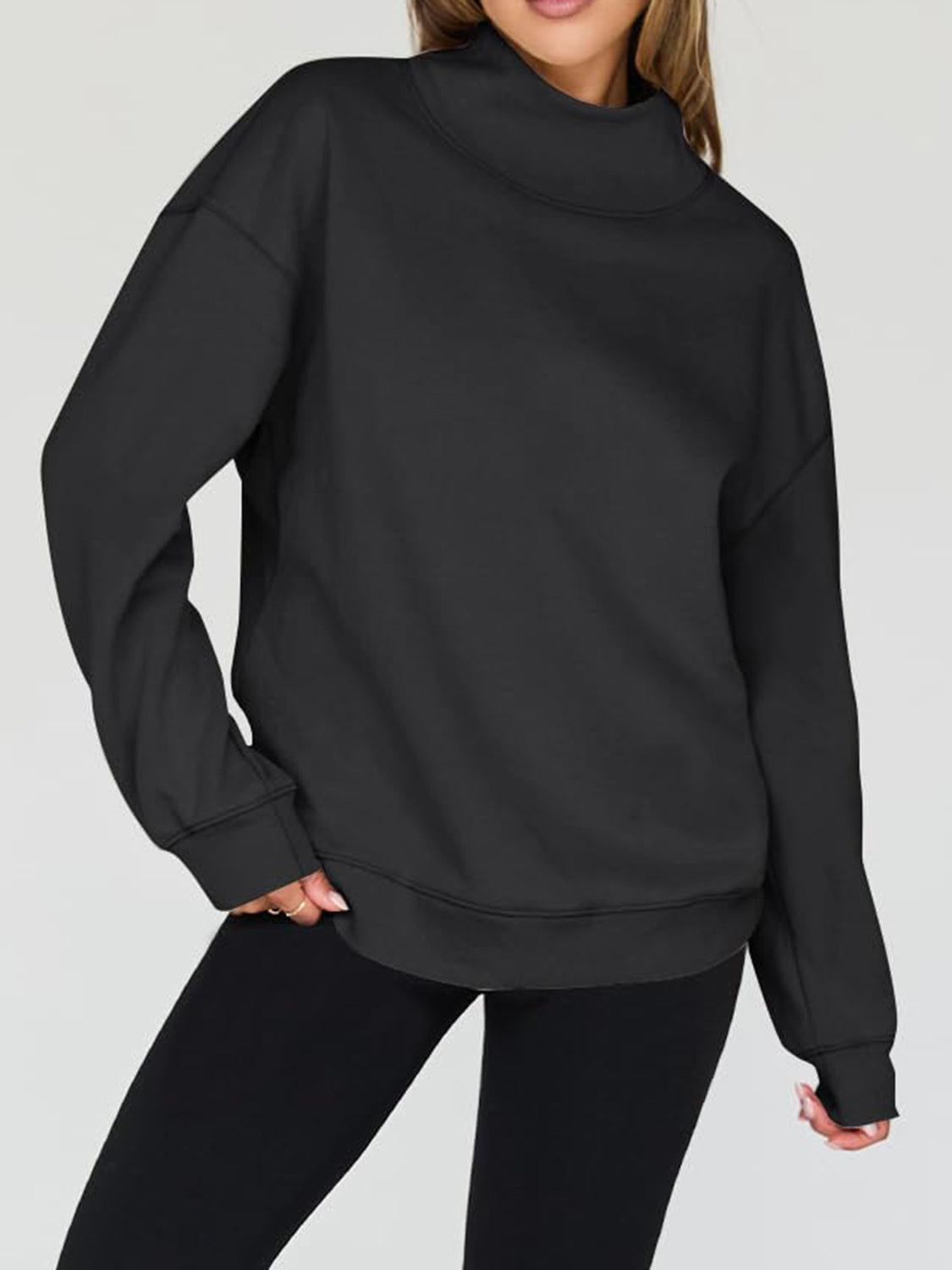 Mock Neck Drop Shoulder Long Sleeve Sweatshirt Black