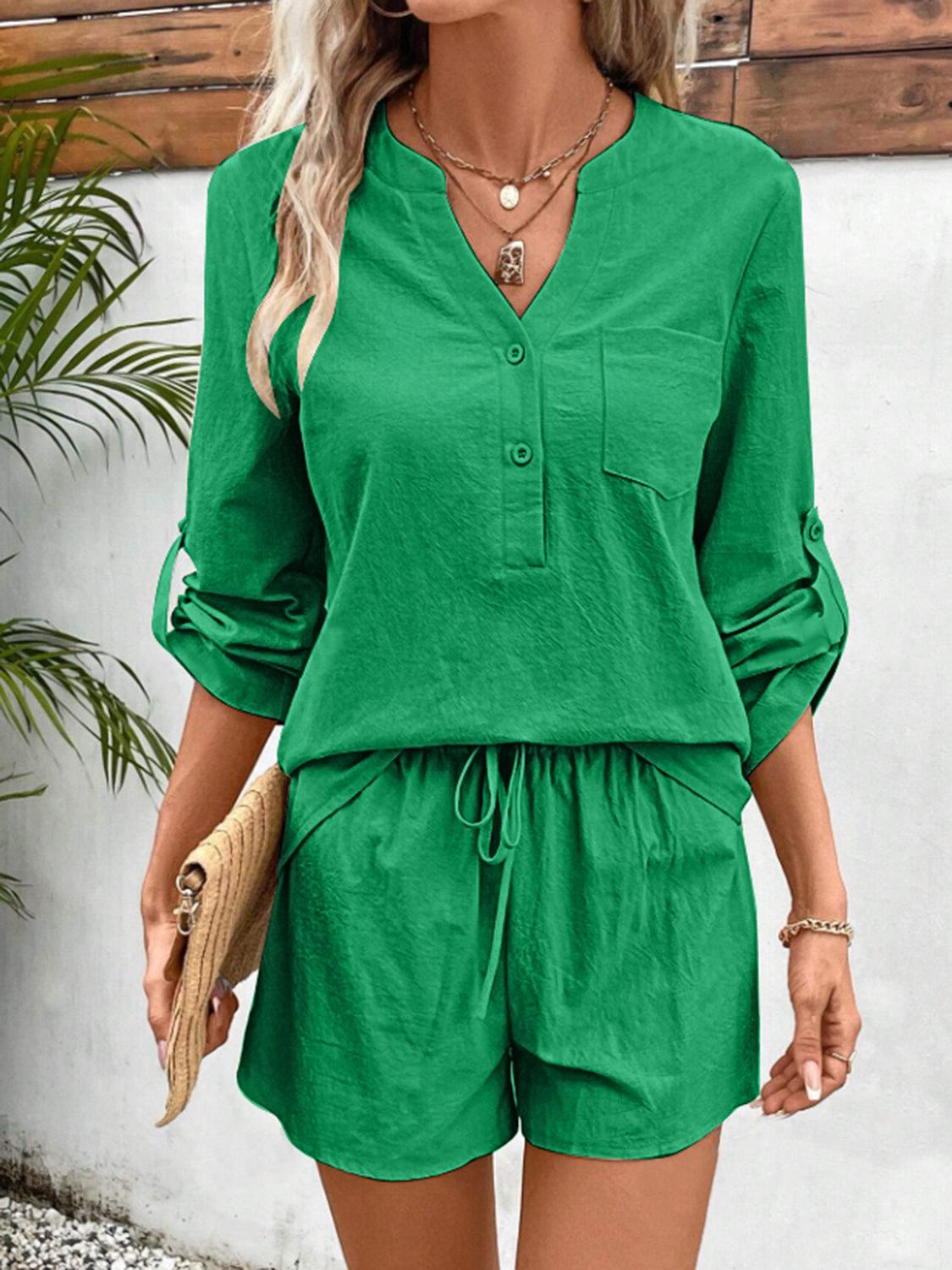Notched Long Sleeve Top and Shorts Set Mid Green