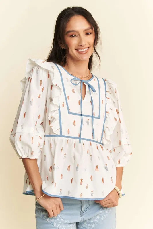 Davi & Dani Cactus Conversational Denim Binding Bodice Blouse White Blue