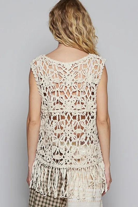 POL Fringe Round Neck Sleeveless Crochet Knit Cover Up
