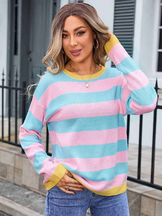 Angel Wings Striped Round Neck Dropped Shoulder Sweater Blush Pink