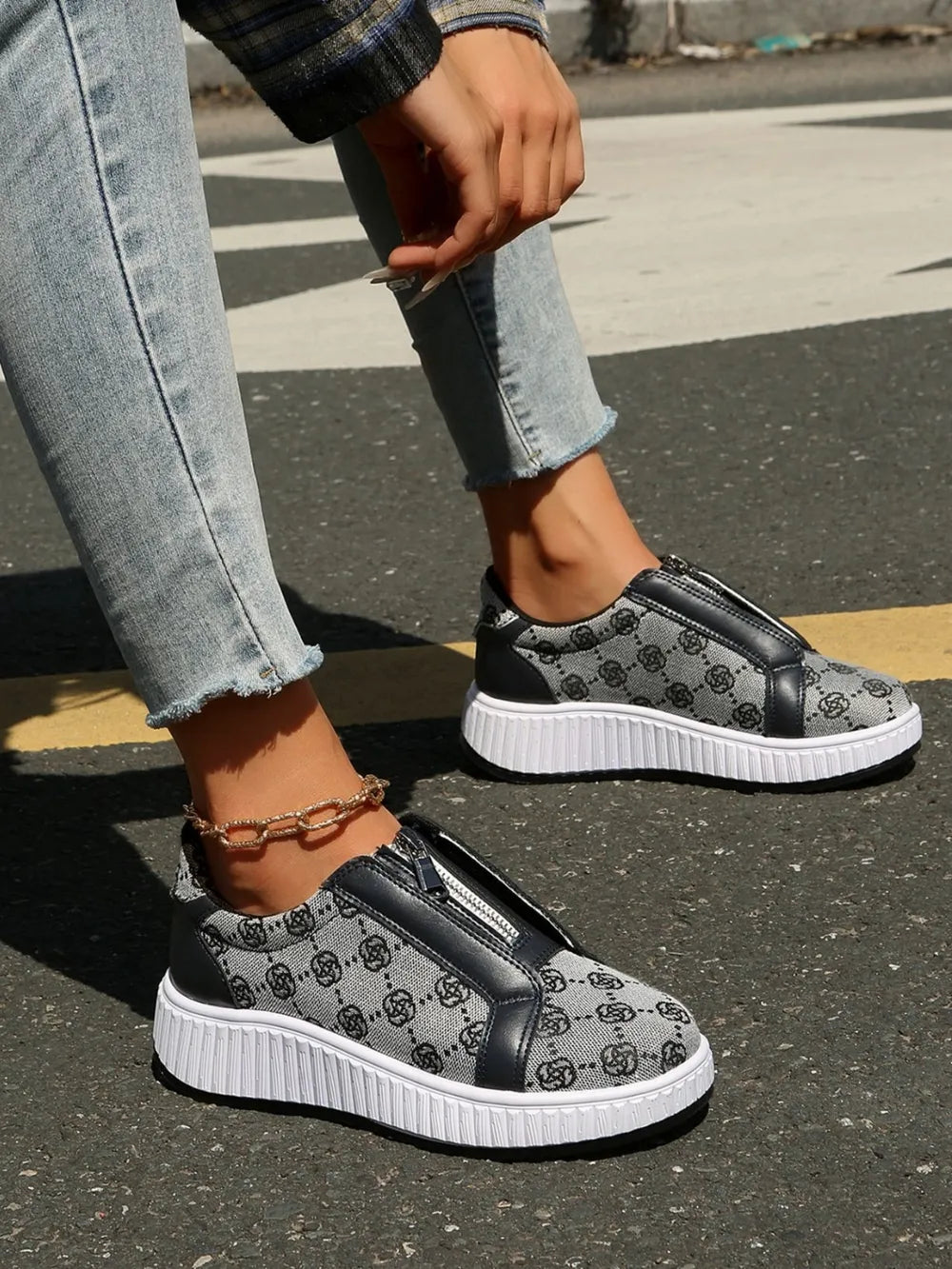 Floral Round Toe Sneakers with Zip Gray