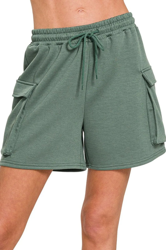 Zenana Scuba Thigh Pocket Shorts DK FOREST