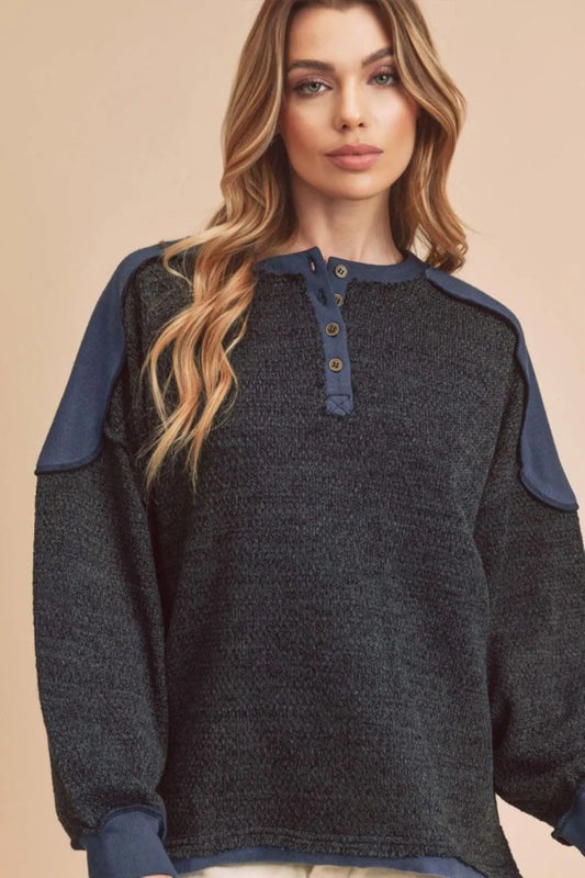 Aemi + Co Side Slit Button Detail Contrast Shoulder Sweatshirt Dark Navy