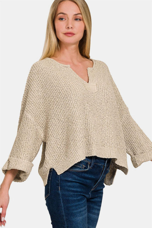 Zenana Notched Side Slit Patch Sweater H Mocha