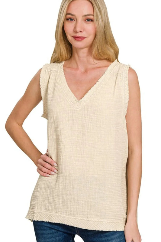 Zenana Double Gauze Raw Edge Acid Washed Tank SAND BEIGE
