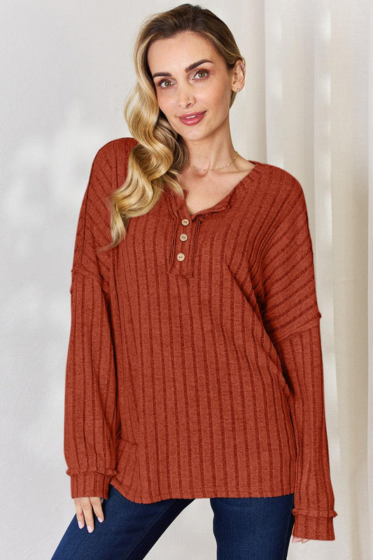Basic Bae Full Size Ribbed Half Button Long Sleeve T-Shirt Rust