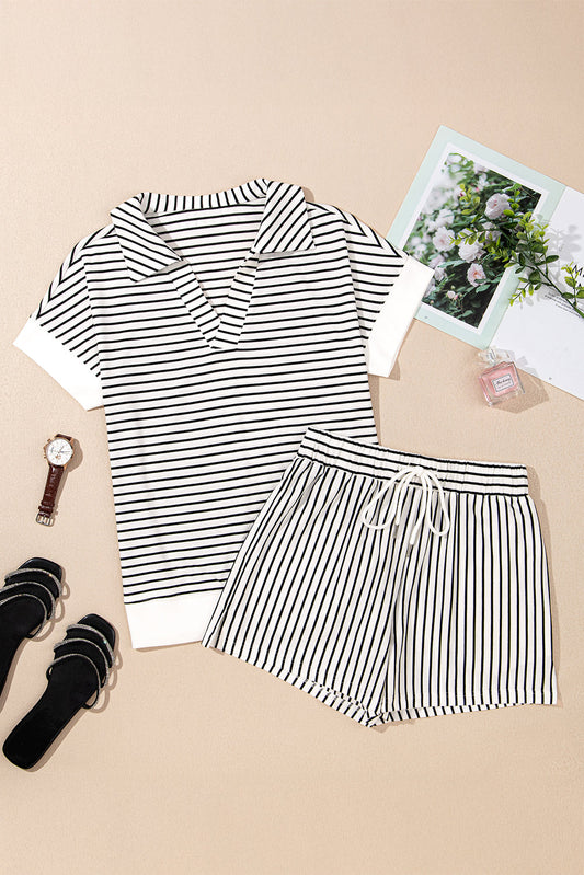 Stripe Collared V-Neck Tee & Shorts Set
