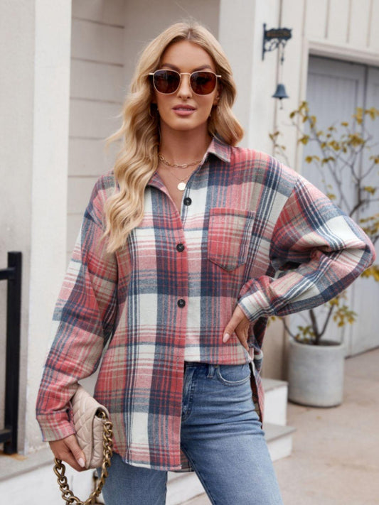 Mandy Pocketed Plaid Collared Neck Long Sleeve Shirt Orange-Red