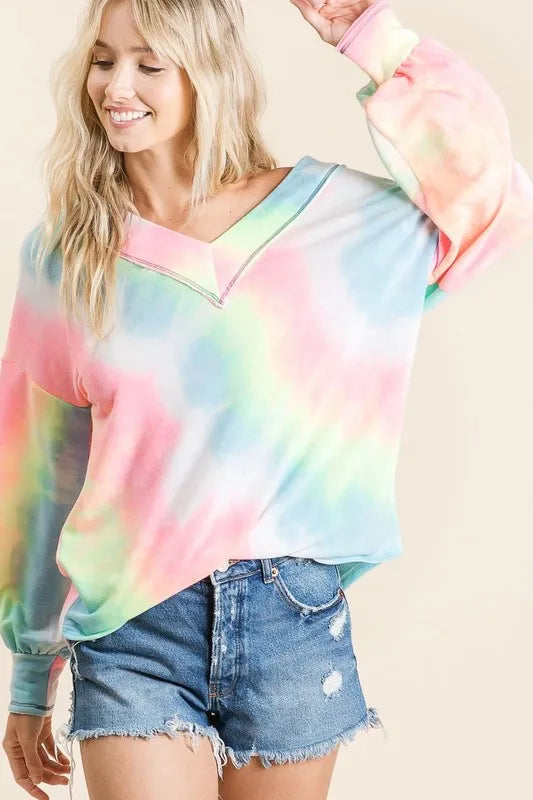 BiBi Tie Dye French Terry V-Neck Top with Puff Sleeves PINK MULTI