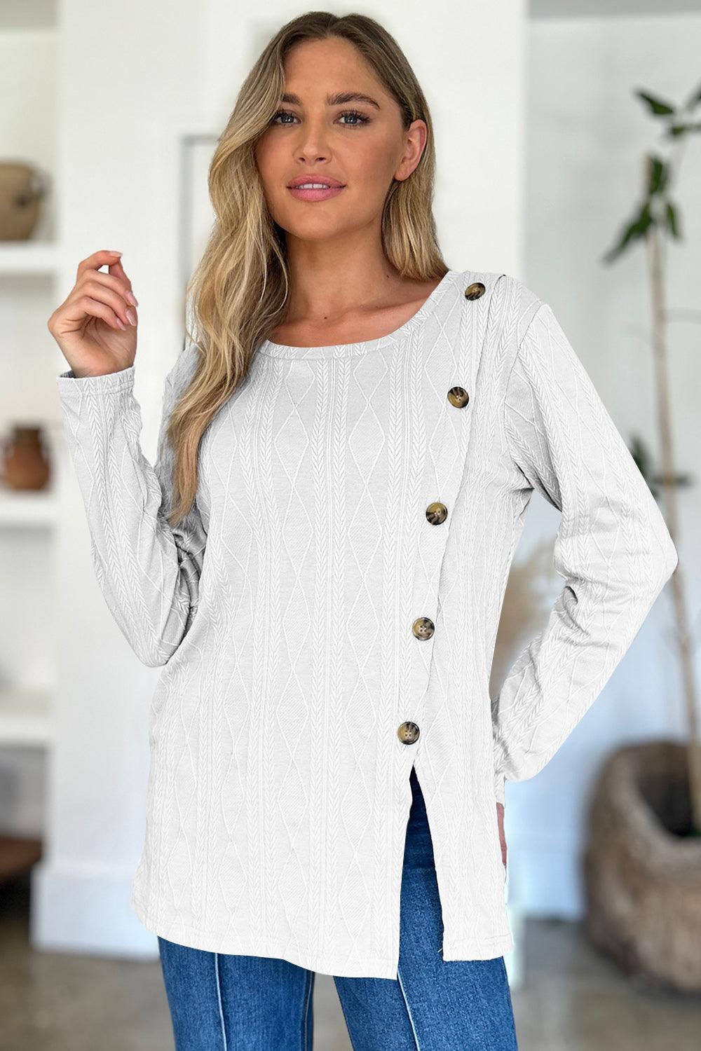 Slit Round Neck Long Sleeve T-Shirt White