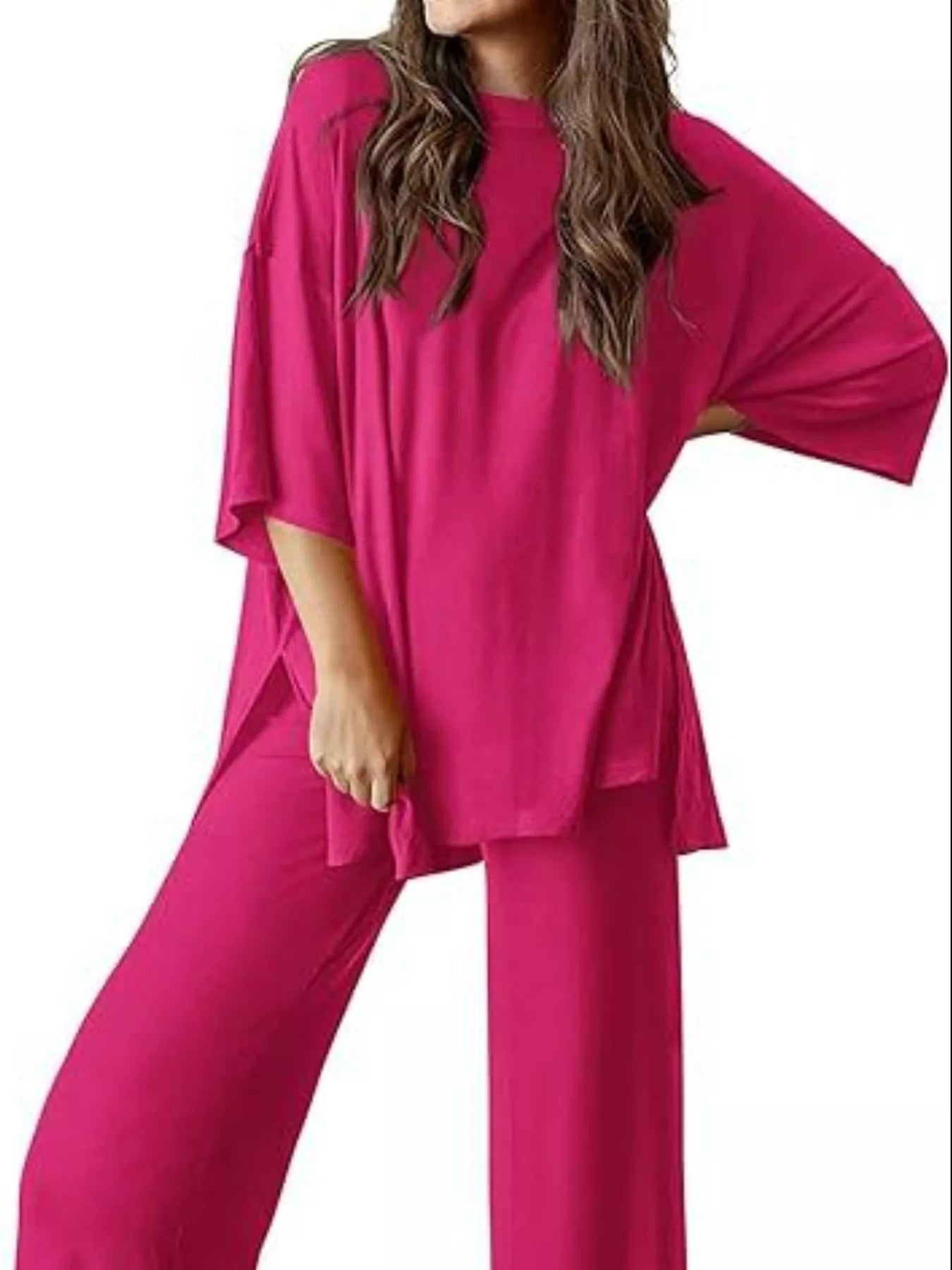 Slit Round Neck Top and Pants Set
