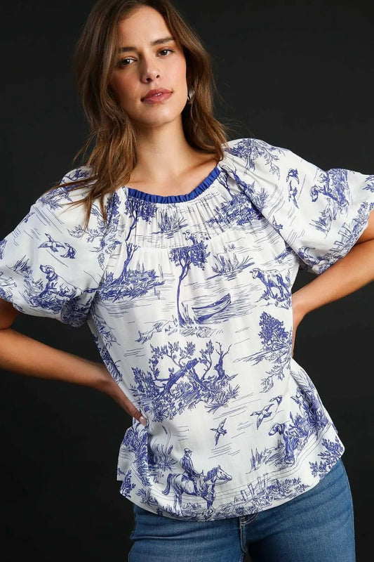 Umgee Full Size Two Tone Landscape Round Neck Print Top Plus Size Blue