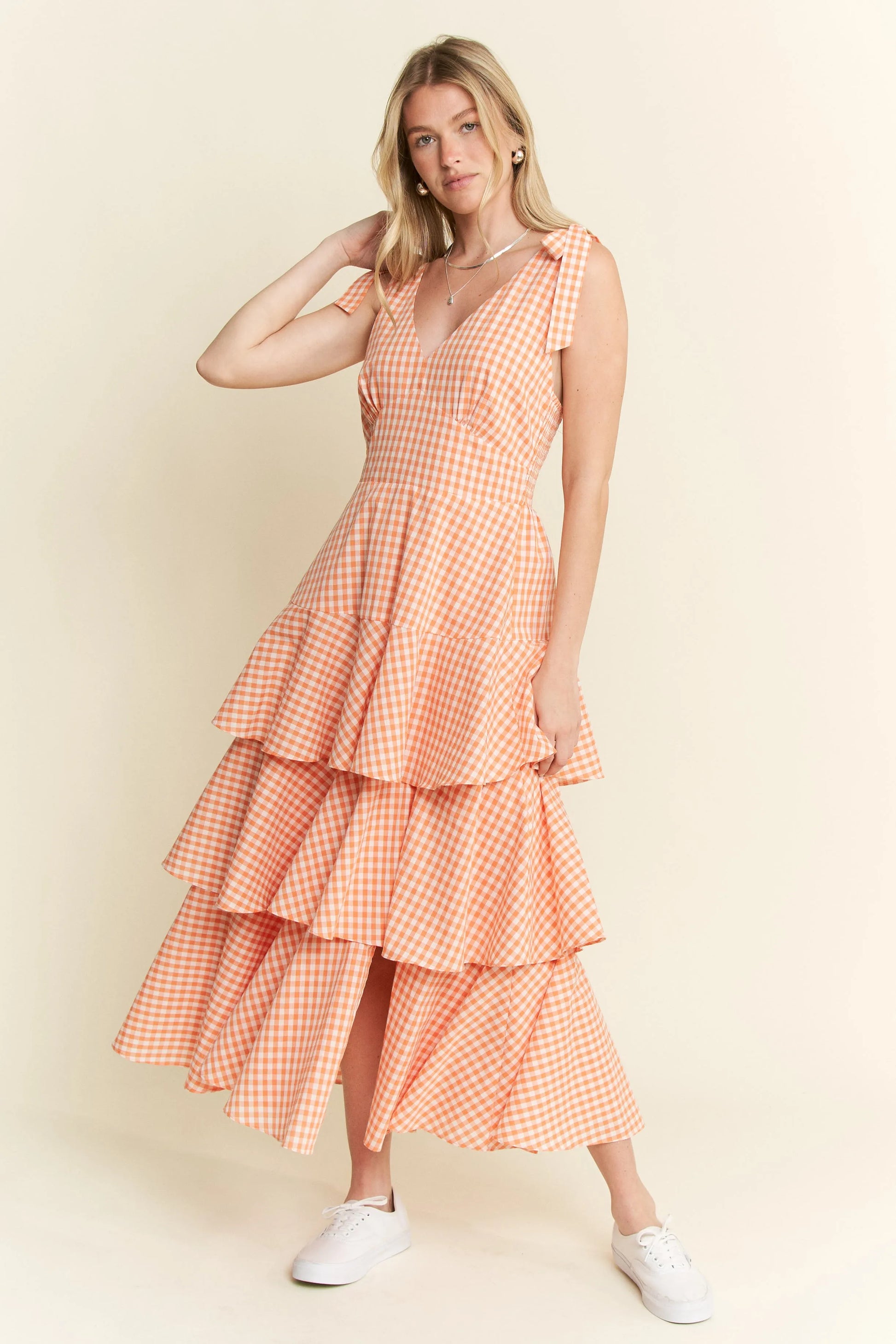 Jade By Jane Sleeveless Gingham Print Tiered Midi Dress ORANGE