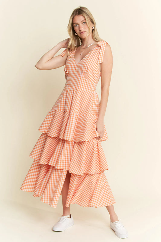 Jade By Jane Sleeveless Gingham Print Tiered Midi Dress ORANGE