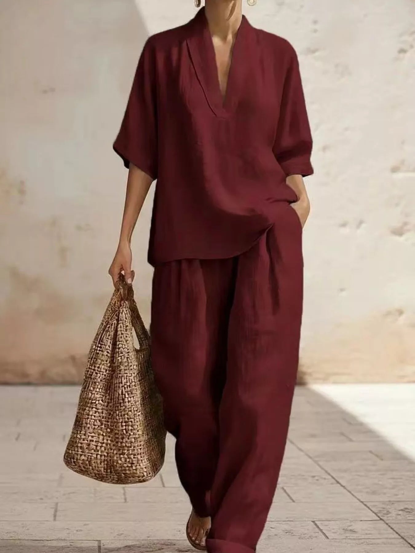 Full Size Half Sleeve Top and Wide Leg Pants Set Plus Size