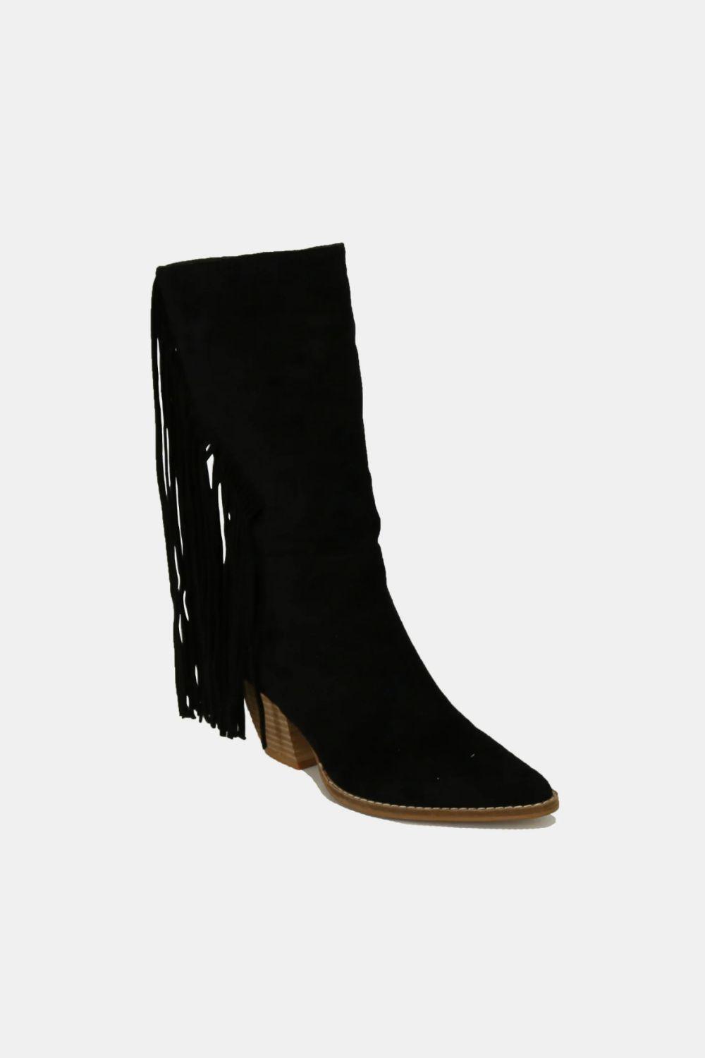 Beast Fashion Suede Fringe Point Toe Boots Black