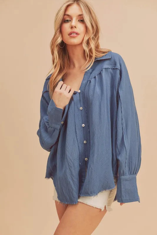 Aemi + Co Raw Hem Button Down Raglan Sleeve Shirt Dusty Blue