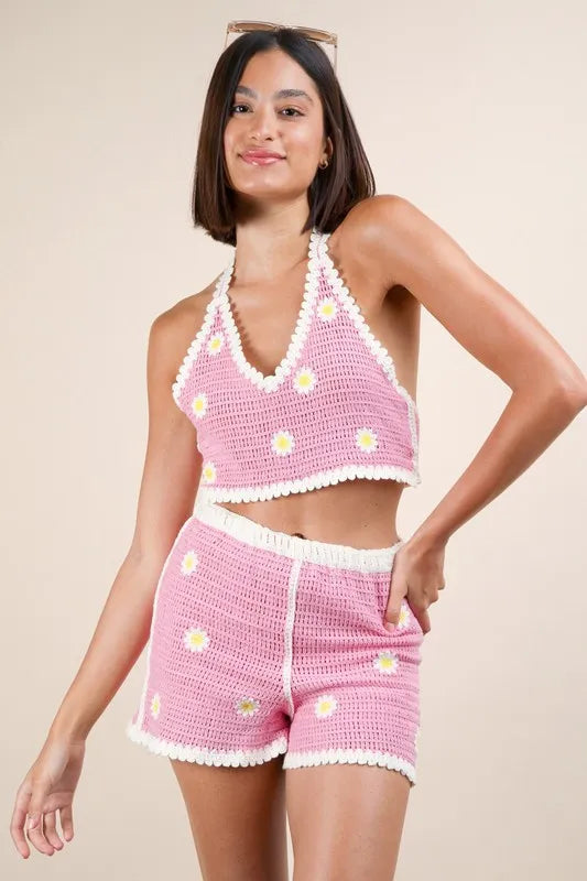VERY J Floral Crochet Top and Shorts Set