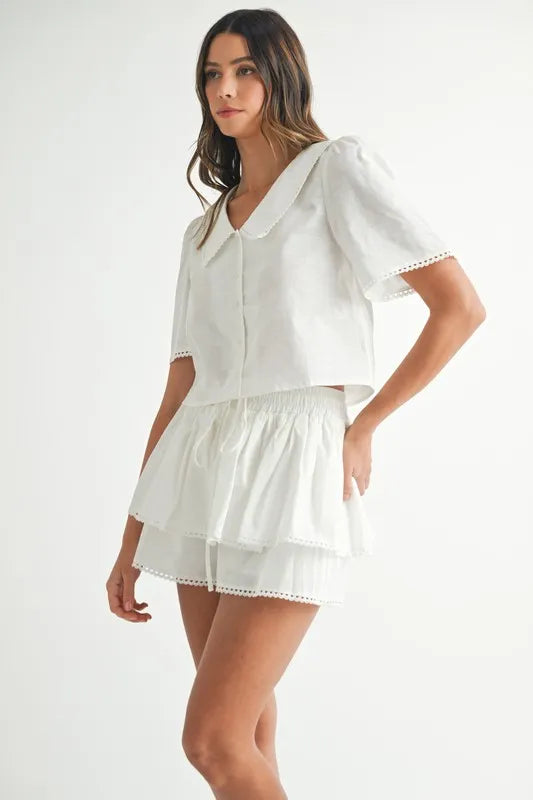 MABLE Collared Button Down Crop Top and Skort Set