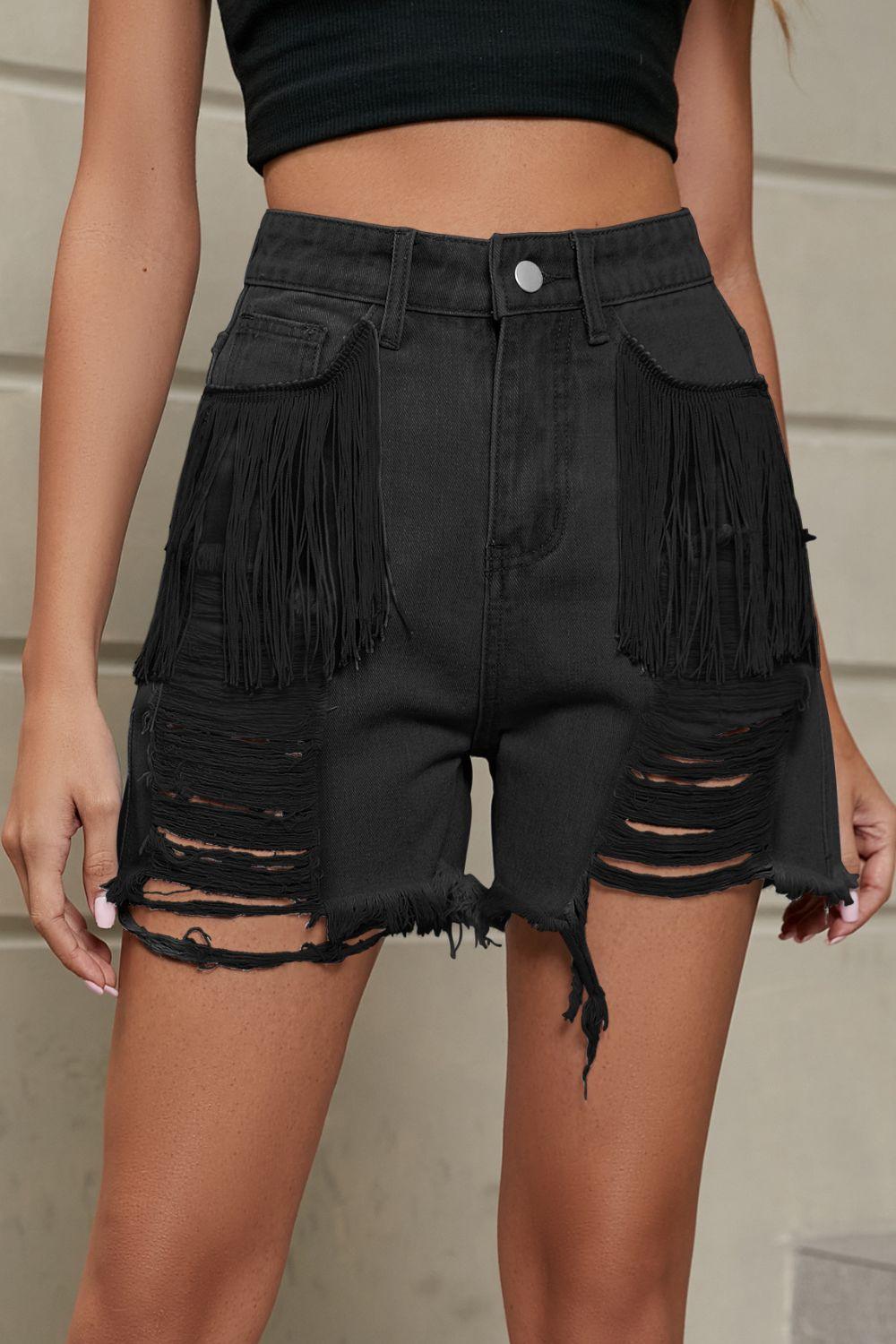 Fringe Trim Distressed Denim Shorts with Pockets Black