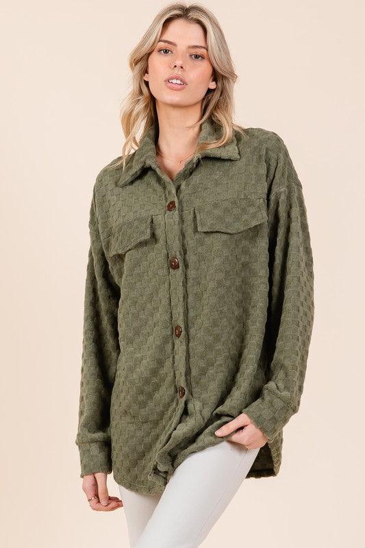 BOMBOM Checkered Button Down Dropped Shoulder Shacket Moss