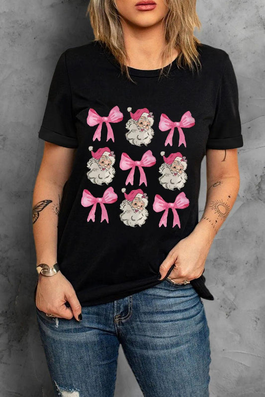 Santa & Bow Graphic Round Neck Short Sleeve T-Shirt Black