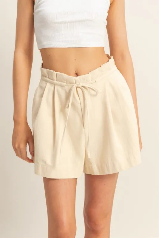 HYFVE High-Waisted Washed Twill Paperbag Shorts OATMEAL
