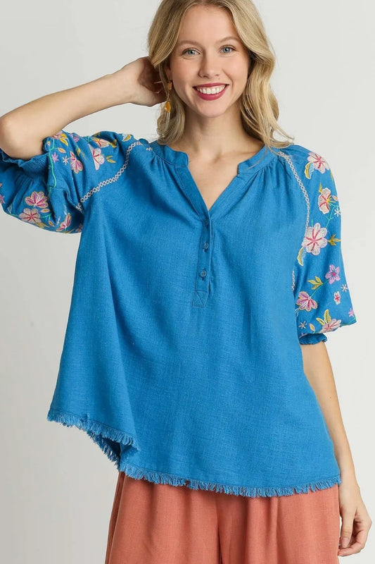 Umgee Full Size Half Button Top with Embroidery Sleeves Plus Size Cerulean