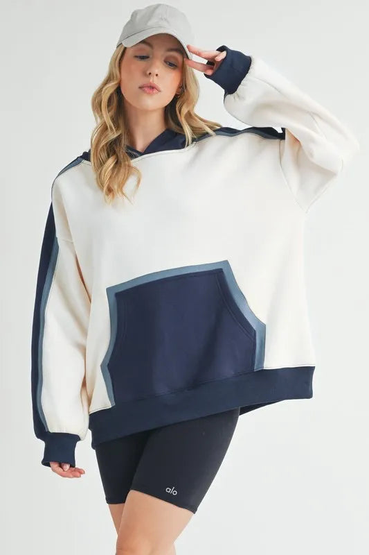 Aemi + Co Color Block Kangaroo Pocketed Hoodie Dark Navy
