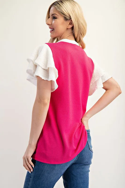 Celeste Full Size Solid Color Top with Ruffle Layered Sleeves Plus Size